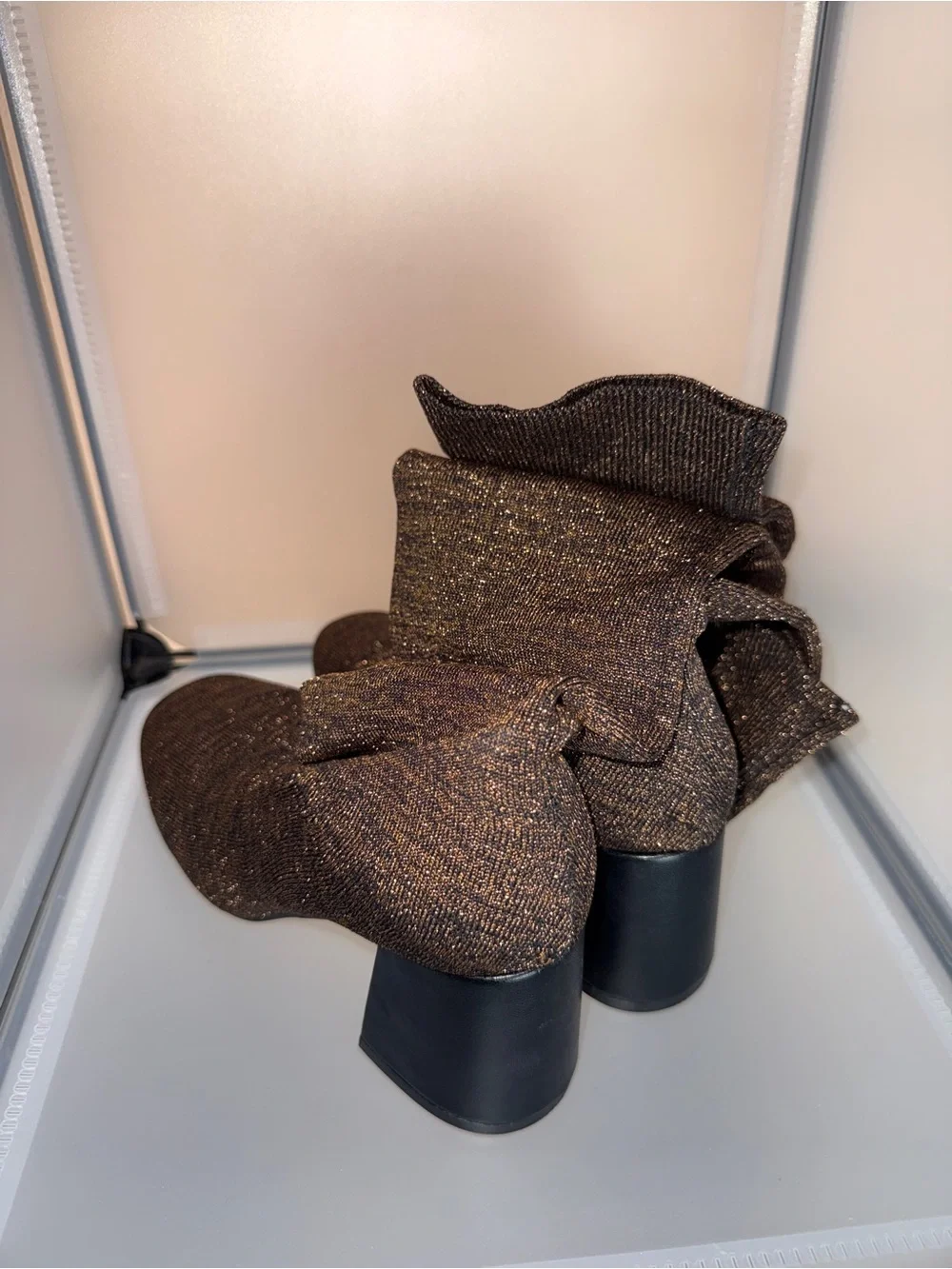 Room of Fashion Sparkle Knit Knee-High Block Heel Boots Brown Size 8.5 New